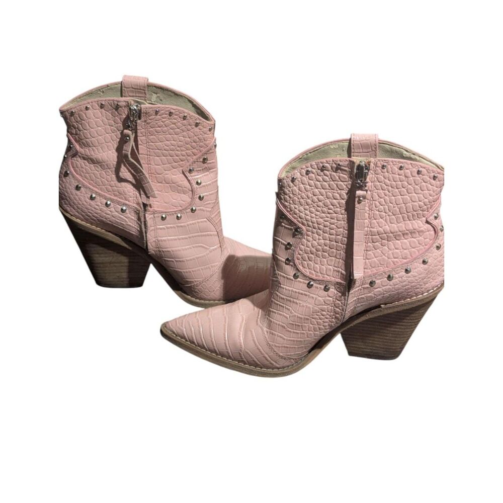 Sam Edelman Iris Pink Crocodile Embossed Western Ankle Boots - Stud Details